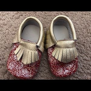 Red and Gold baby girl moccasins.
